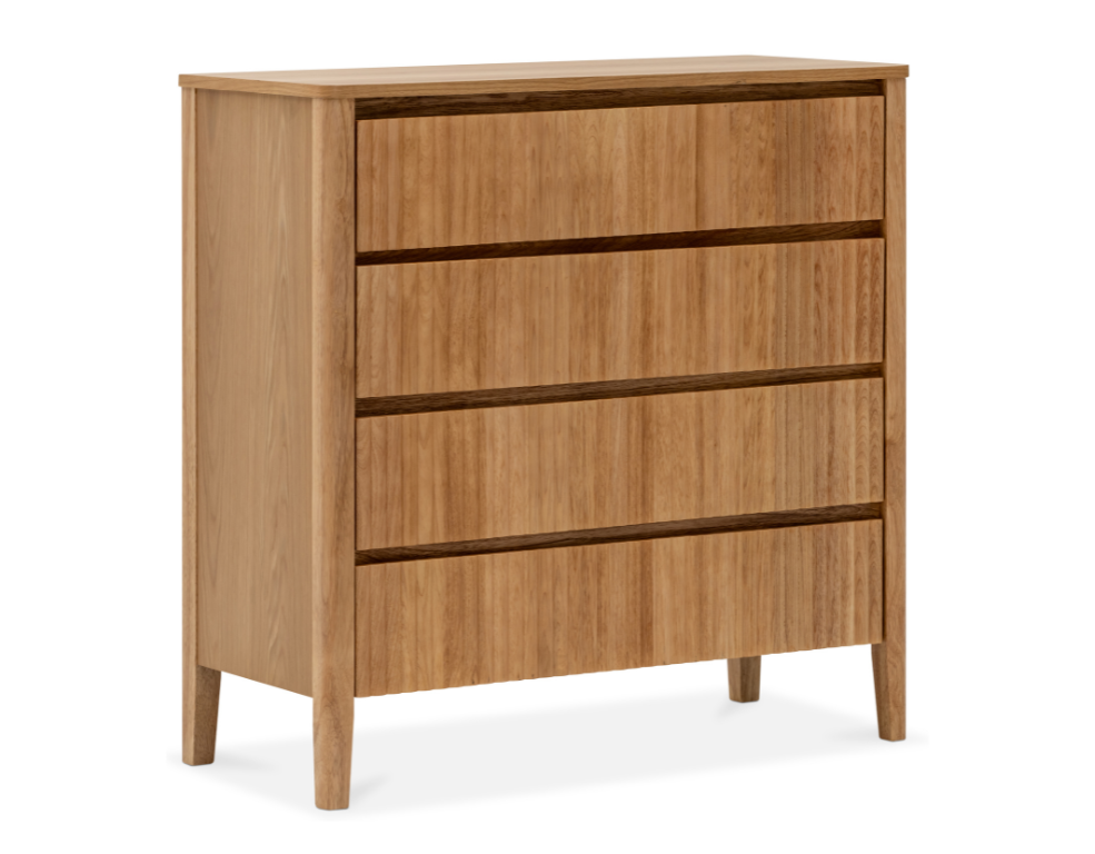 oak tallboy with four drawers on a white background