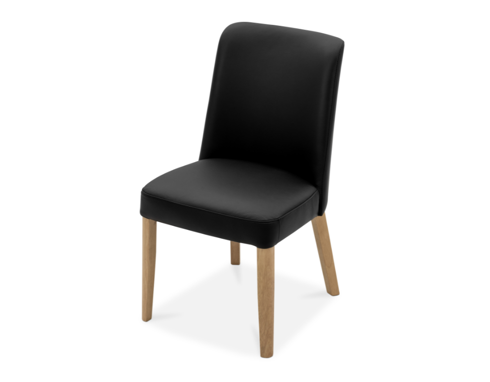 Black leather upholstered chair with oak legs on a white background with a top view