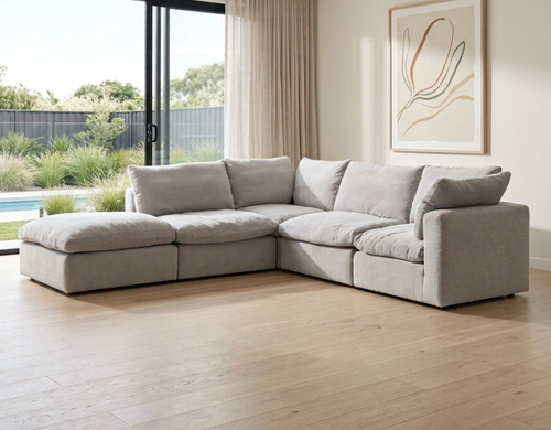 Cartia 4 Seater Modular Corner Lounge with Ottoman – Linen Blend & Feather Fill