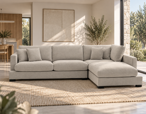 Karma 3 Seater Fabric Chaise Lounge – Custom Choice Glamour Fabric & Feather Fill