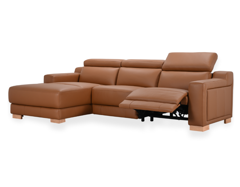 
                  
                    Tan leather chaise lounge on a white background
                  
                