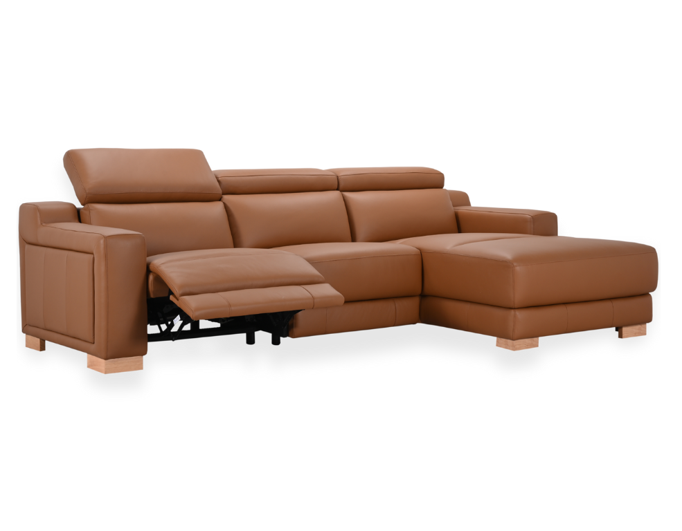 
                  
                    Tan leather chaise lounge on a white background
                  
                