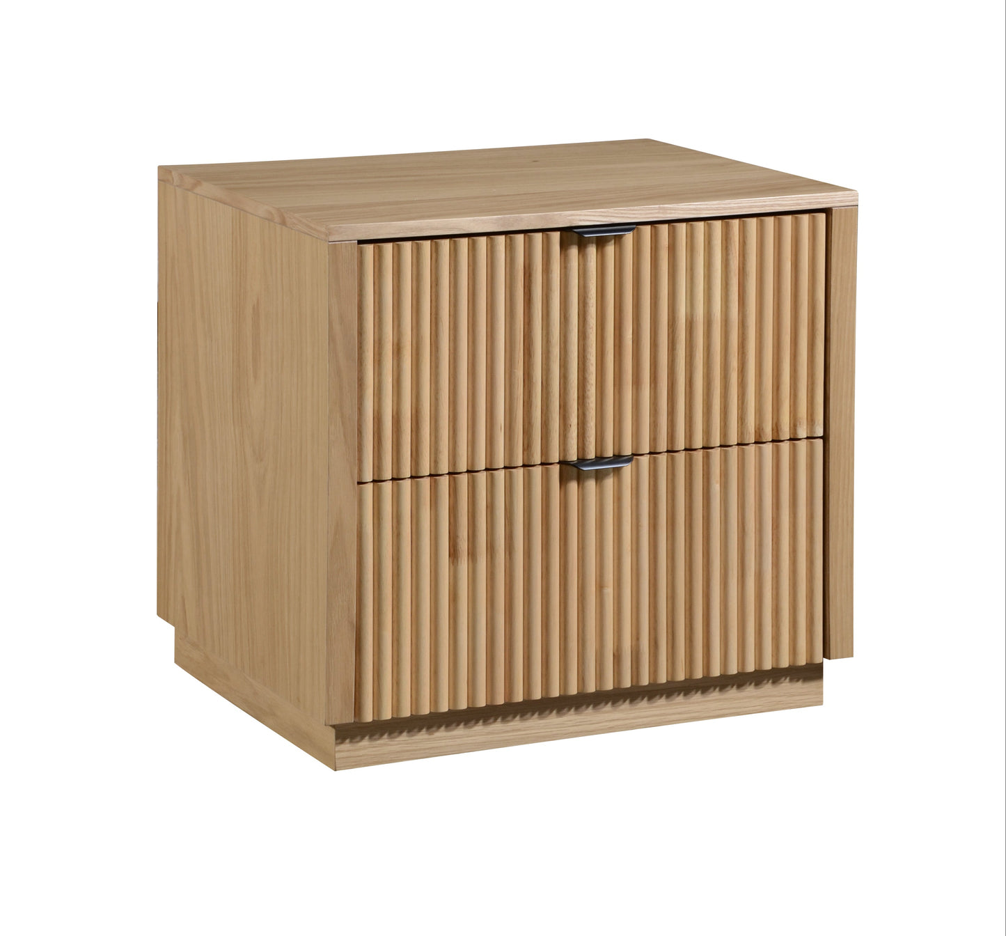 Oak bedside table with two drawers on a white background