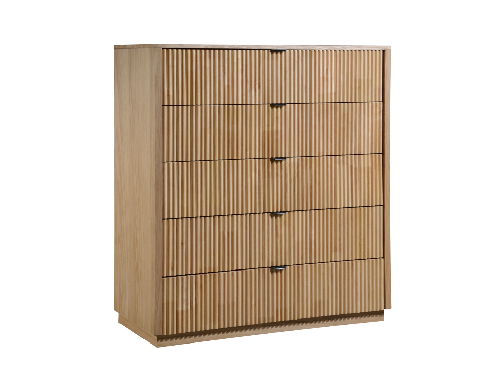 Oak tallboy with five drawers on a white background