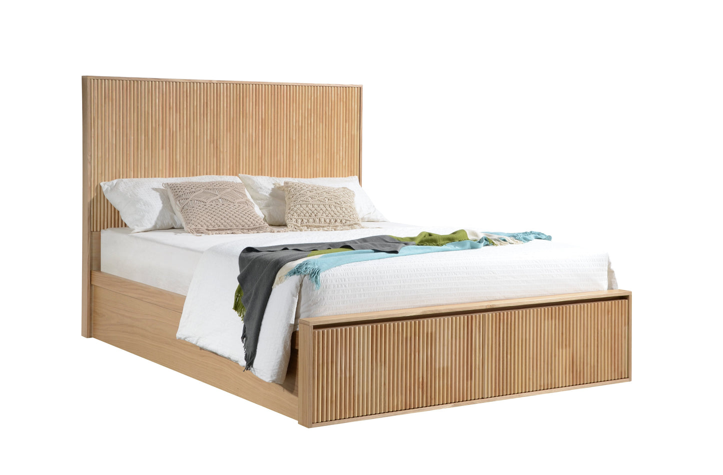 Wooden bed frame with bedding on a white background