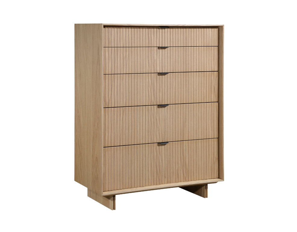 Ameila 5 Drawer Tallboy – Natural Oak Finish & Slatted Design - 