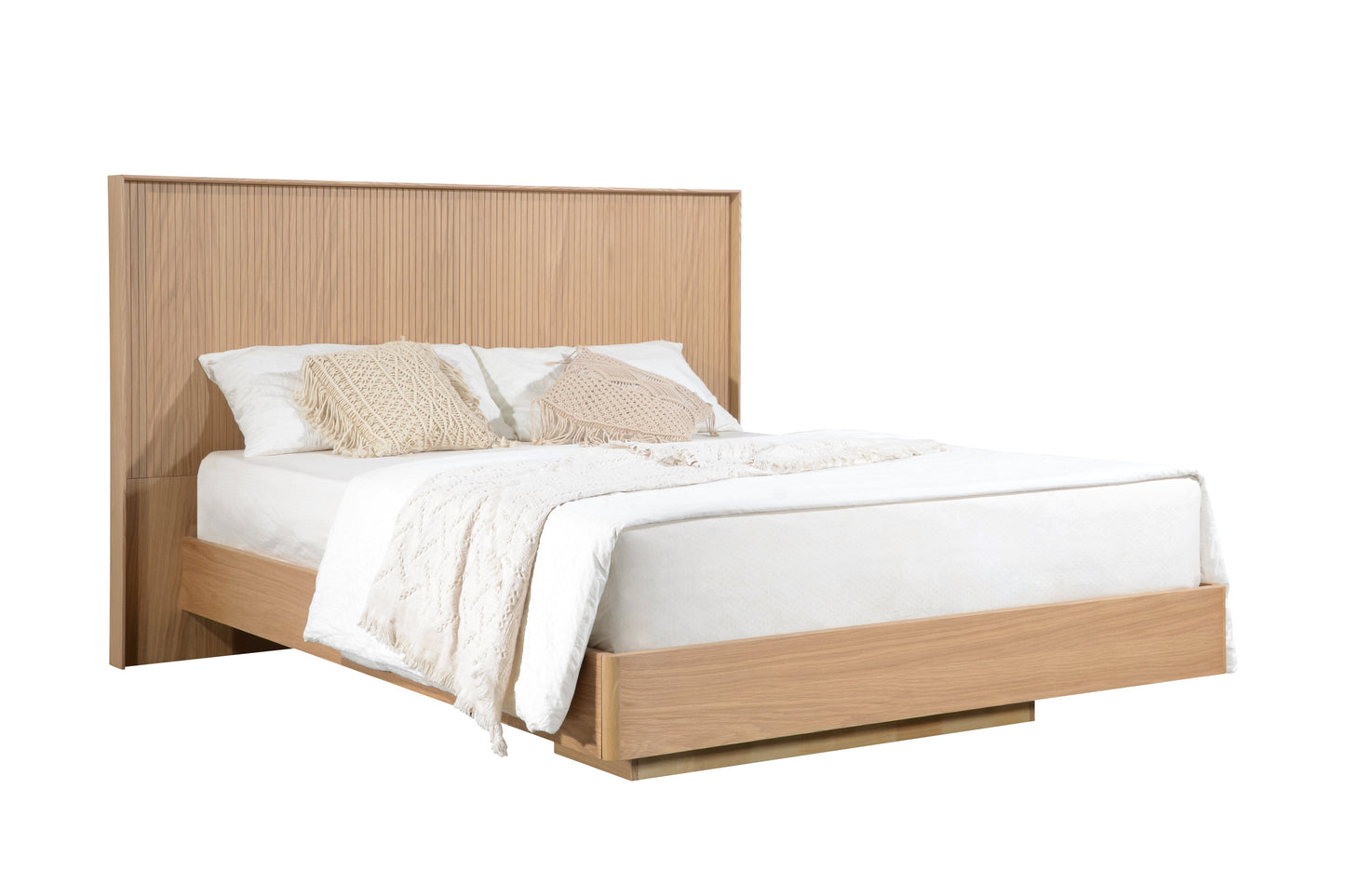 Wooden bed frame with white bedding and beige pillows on a white background
