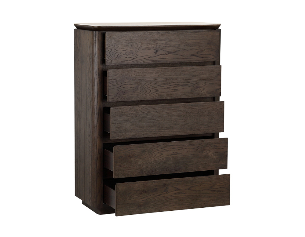 Wooden tallboy with five drawers open on a white background