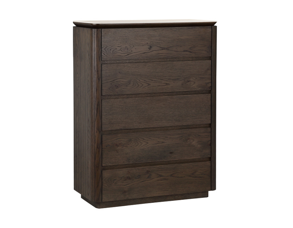 Wooden tallboy with 5 drawers on a white background