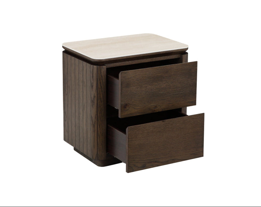 
                  
                    Wooden bedside table with two drawers on a white background
                  
                