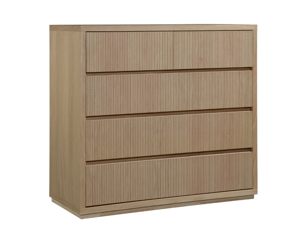 Oak dresser with 5 drawers on a white background