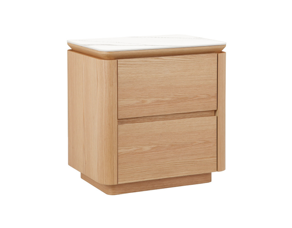 Oak bedside table with two drawers on a white background