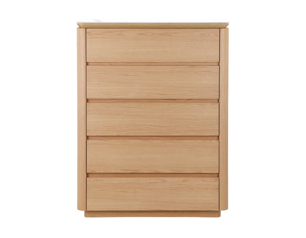 Oak dresser with five drawers on a white background