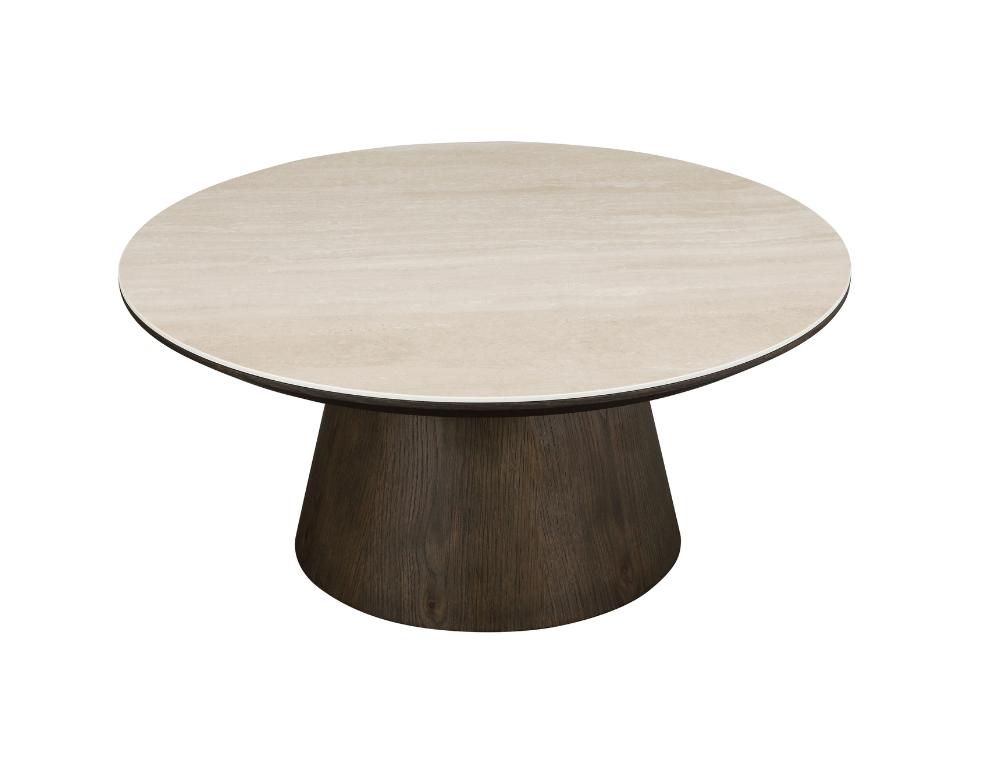 Chandler Round Coffee Table – Travertine Top with Dark Oak Veneer Base - 