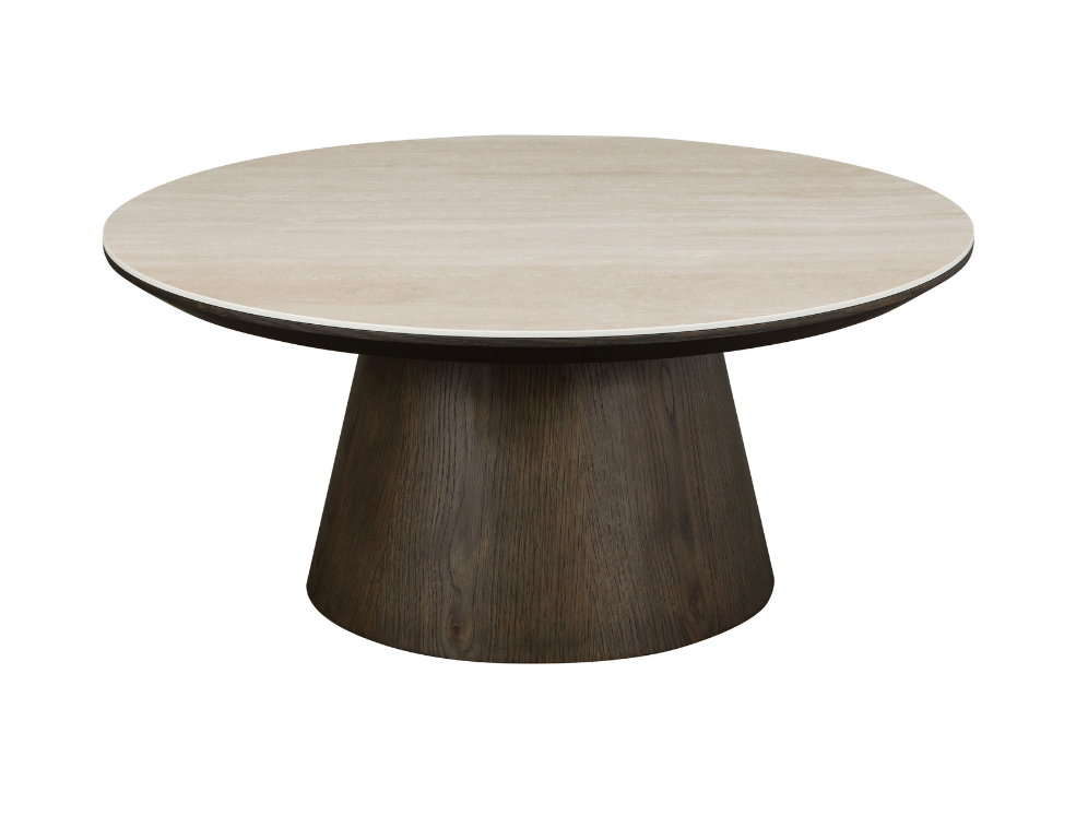 Chandler Round Coffee Table – Travertine Top with Dark Oak Veneer Base - 