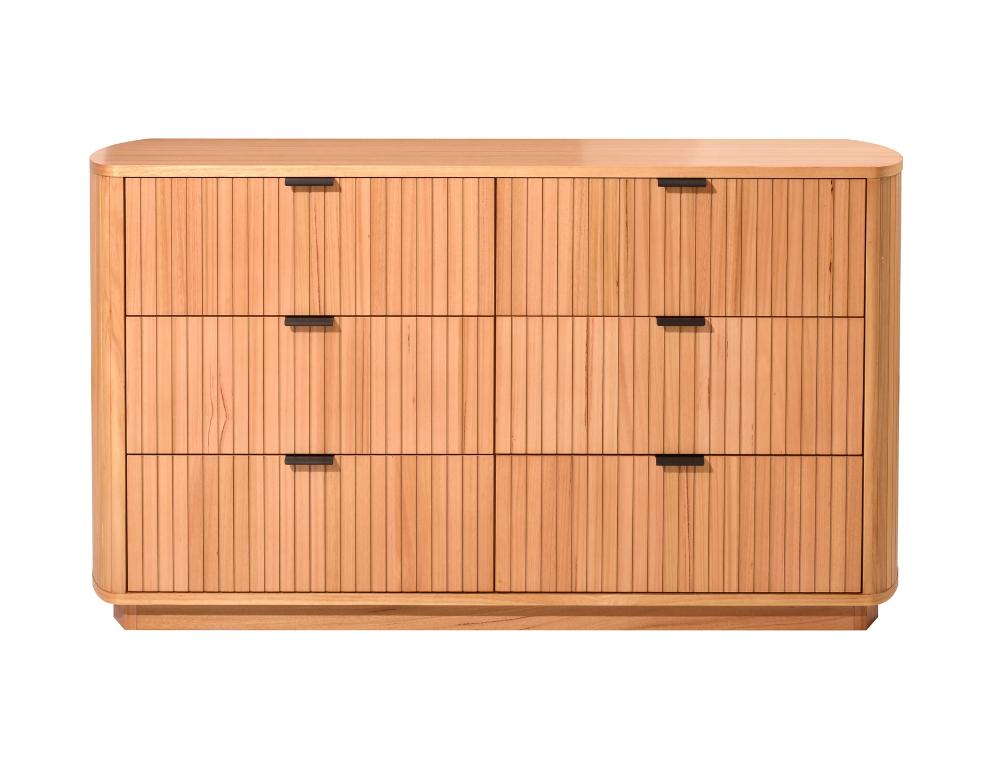 Charm 6 Drawer Dresser – Natural Messmate Finish with Slatted Front Design - 