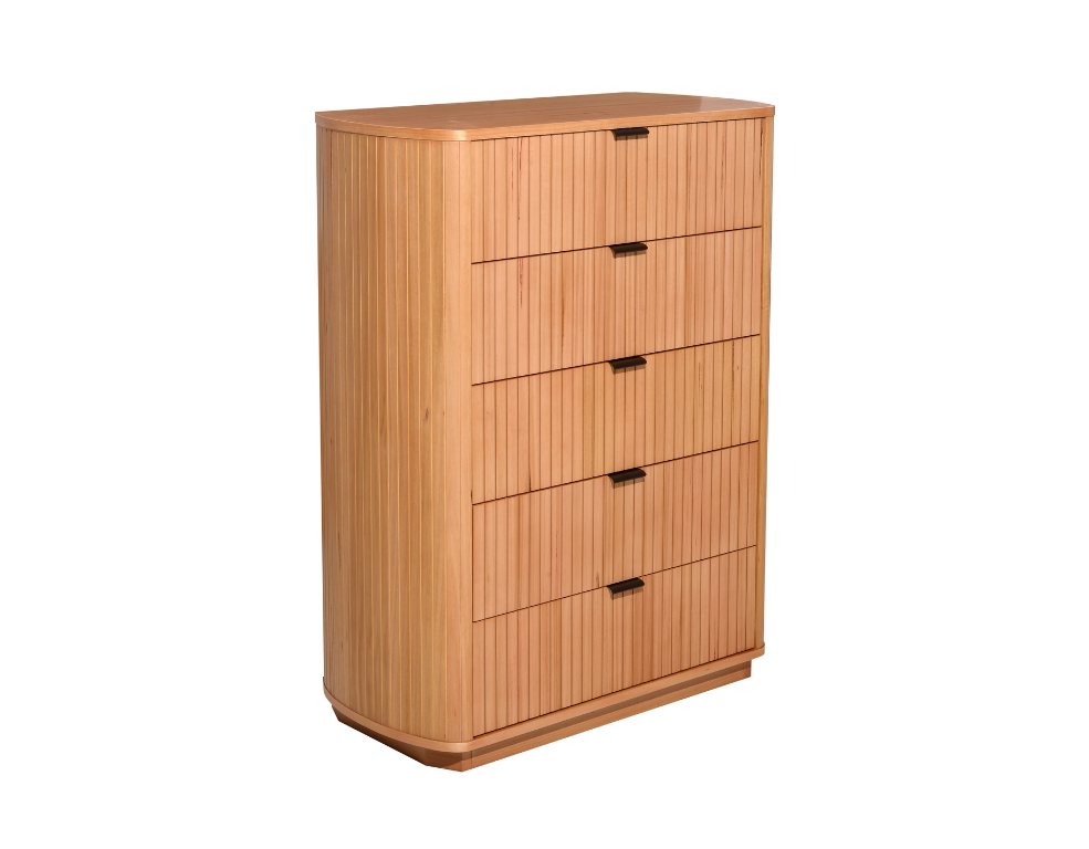 Charm Tallboy – Natural Messmate Finish with Slatted Front Design - 