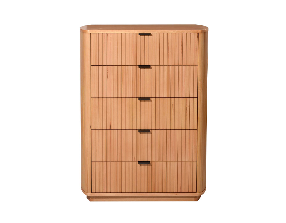 Charm Tallboy – Natural Messmate Finish with Slatted Front Design - 