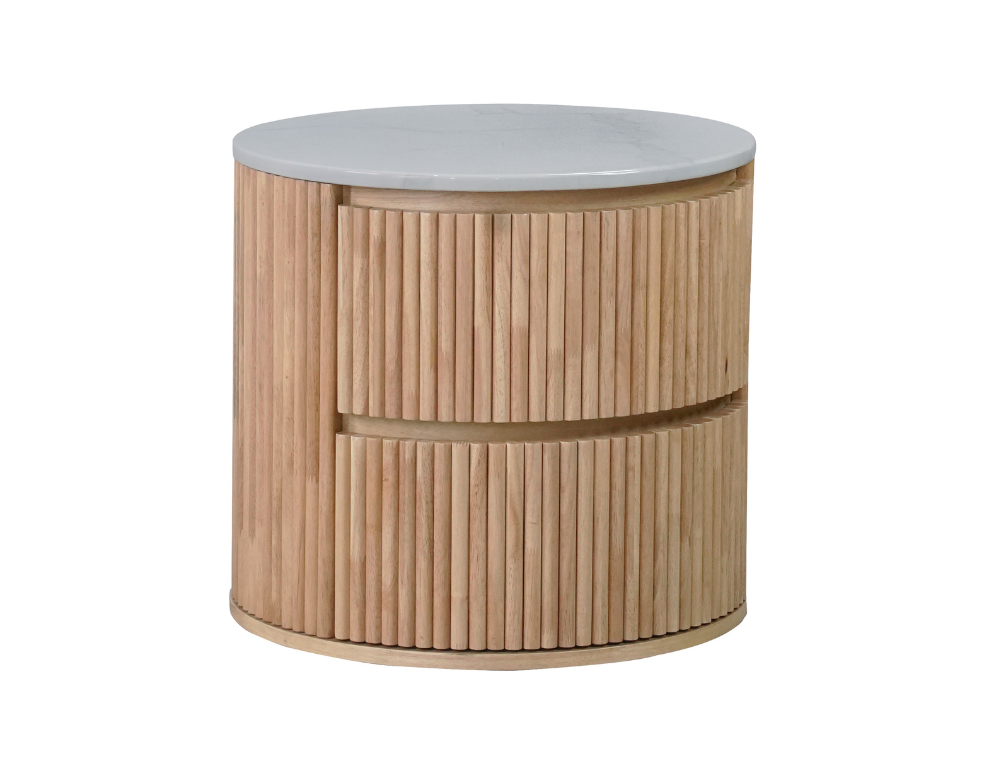 Chloe 2 Drawer Bedside Table – Fluted Timber with Marble Top - 