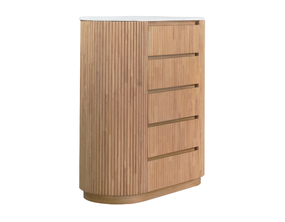 Chloe 5 Drawer Tallboy – Fluted Timber with Marble Top - 