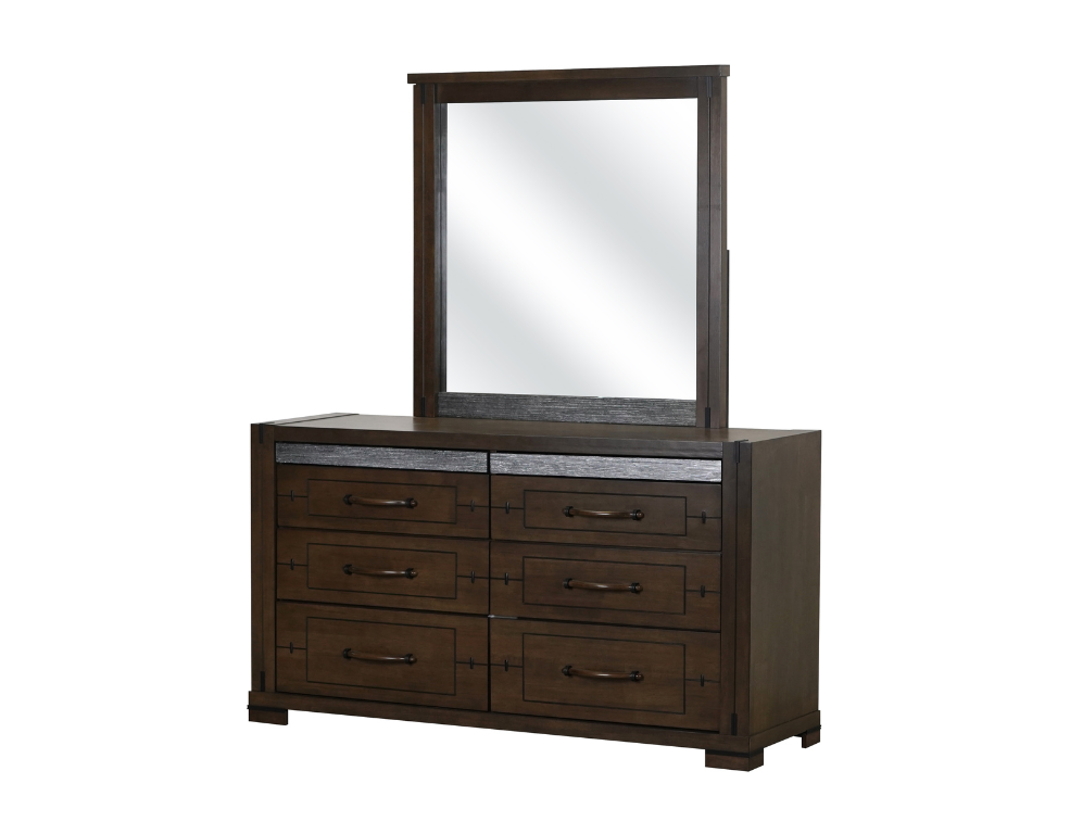 Emilio 6 Drawer Dresser & Mirror – Charcoal Finish with Silver Highlights - 