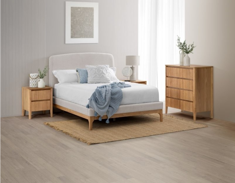 Gina 4 Piece Bedroom Suite – Solid Oak & Glamour Fabric Headboard - 