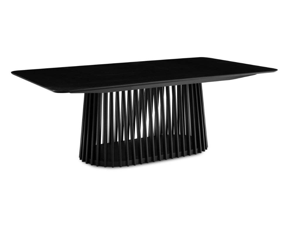 black dining table on slight angle on white background 