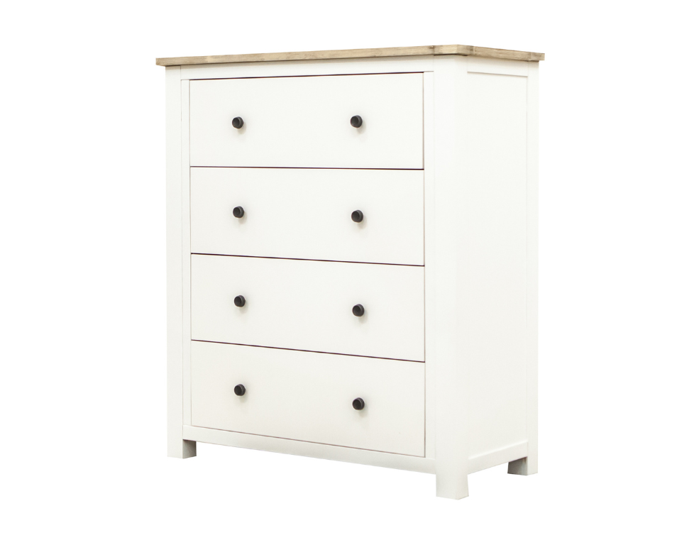 Hepburn 4 Drawer Tallboy – Hamptons Style White Stain with Natural Top - 