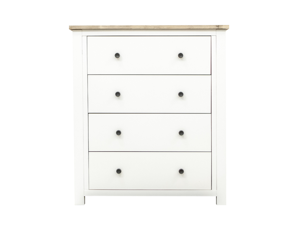 Hepburn 4 Drawer Tallboy – Hamptons Style White Stain with Natural Top - 