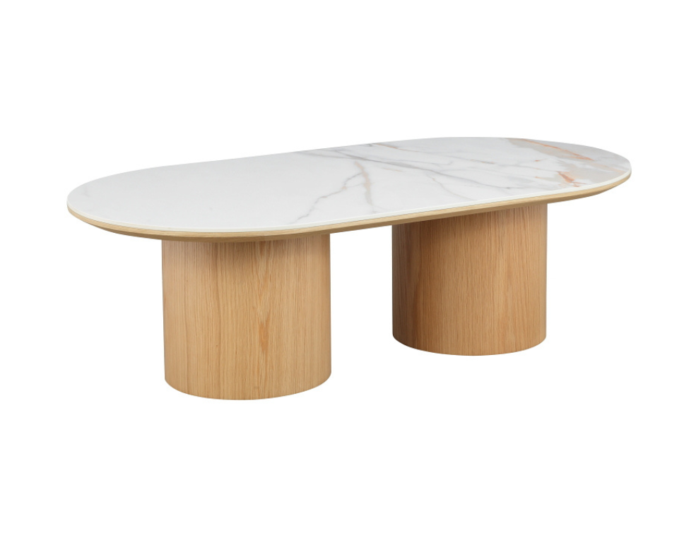 Isabella Coffee Table – Gloss Ceramic Top with Cylinder Base - 