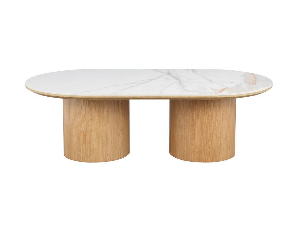 Isabella Coffee Table – Gloss Ceramic Top with Cylinder Base - 