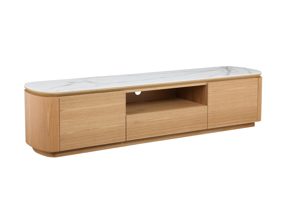 Isabella TV Unit – Ceramic Gloss Top with Oak Veneer Base - 