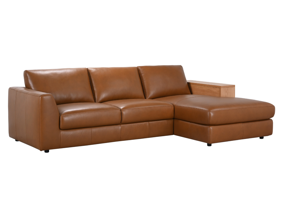 Liverpool 3 Seater Chaise – 100% Leather with Timber Shelf Arm - 