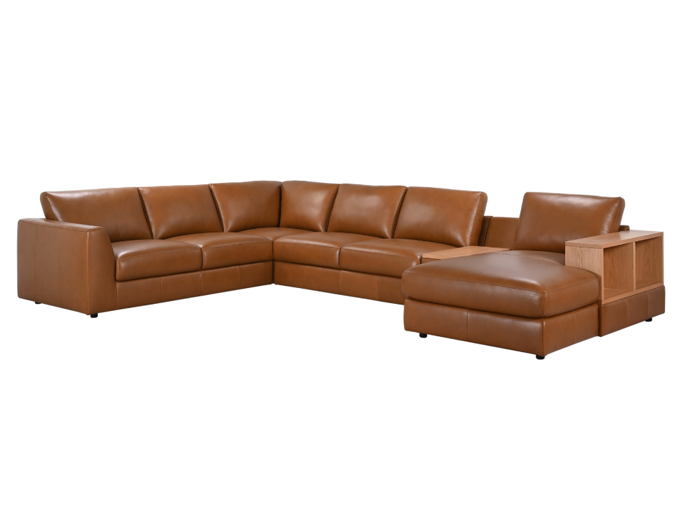 Liverpool Corner Lounge – 100% Leather with Timber Shelf Arm - 