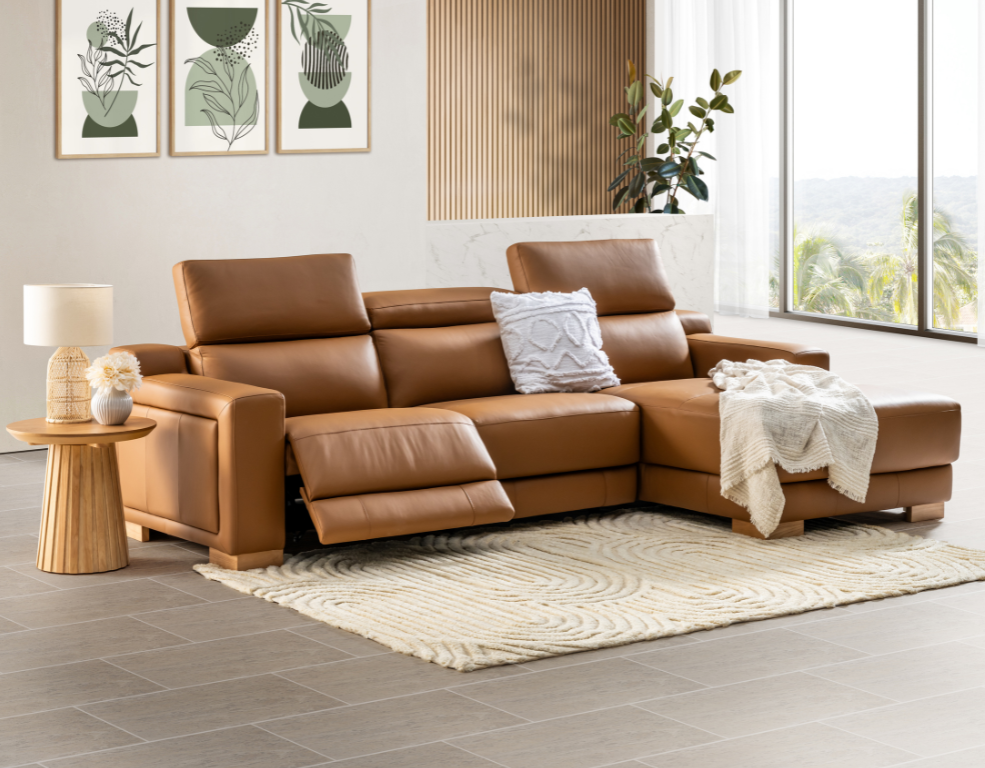 Manchester 3 Seater Chaise – Softened 100% Leather & Electric Recliner - 