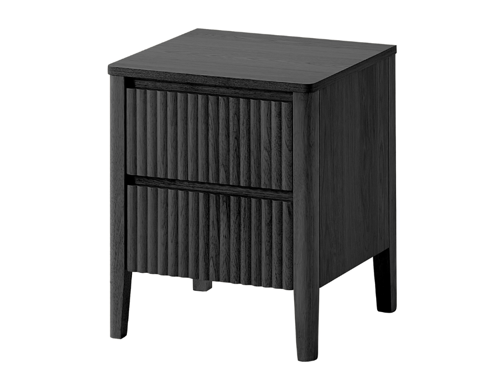 Marias 2 Drawer Bedside Table – Satin Black Oak Veneer & Ribbed Fronts - 