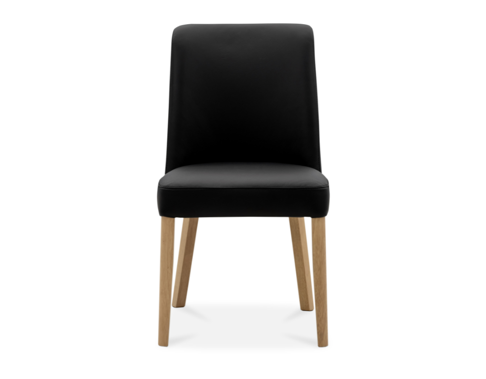 Black leather upholstered chair with oak legs on a white background