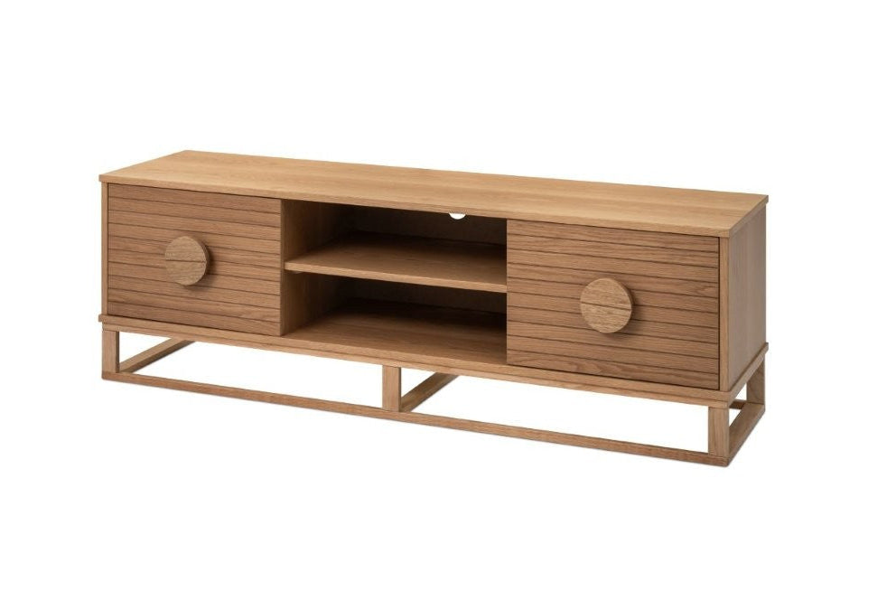 Oak TV unit with 2 drawers and 2 shelves on white background