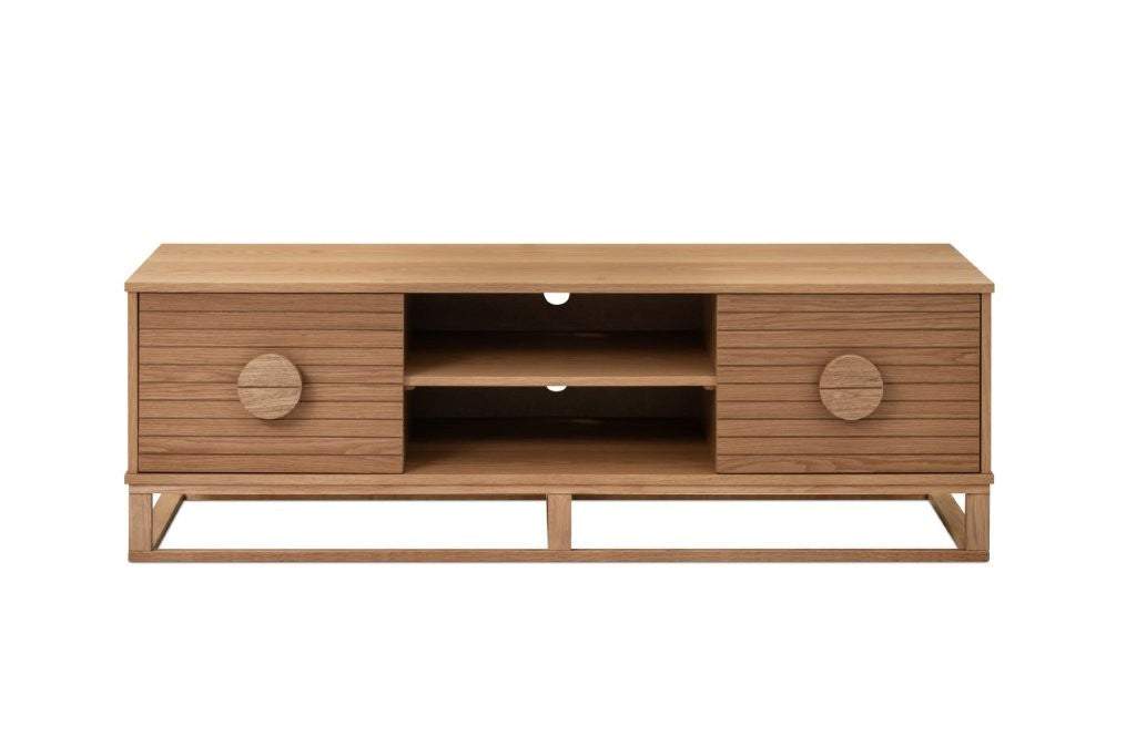A natural oak finish TV unit on white background 