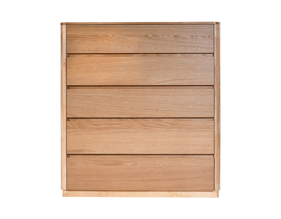 Palermo 5 Drawer Tallboy – Oak Veneer with Curved Edges - 