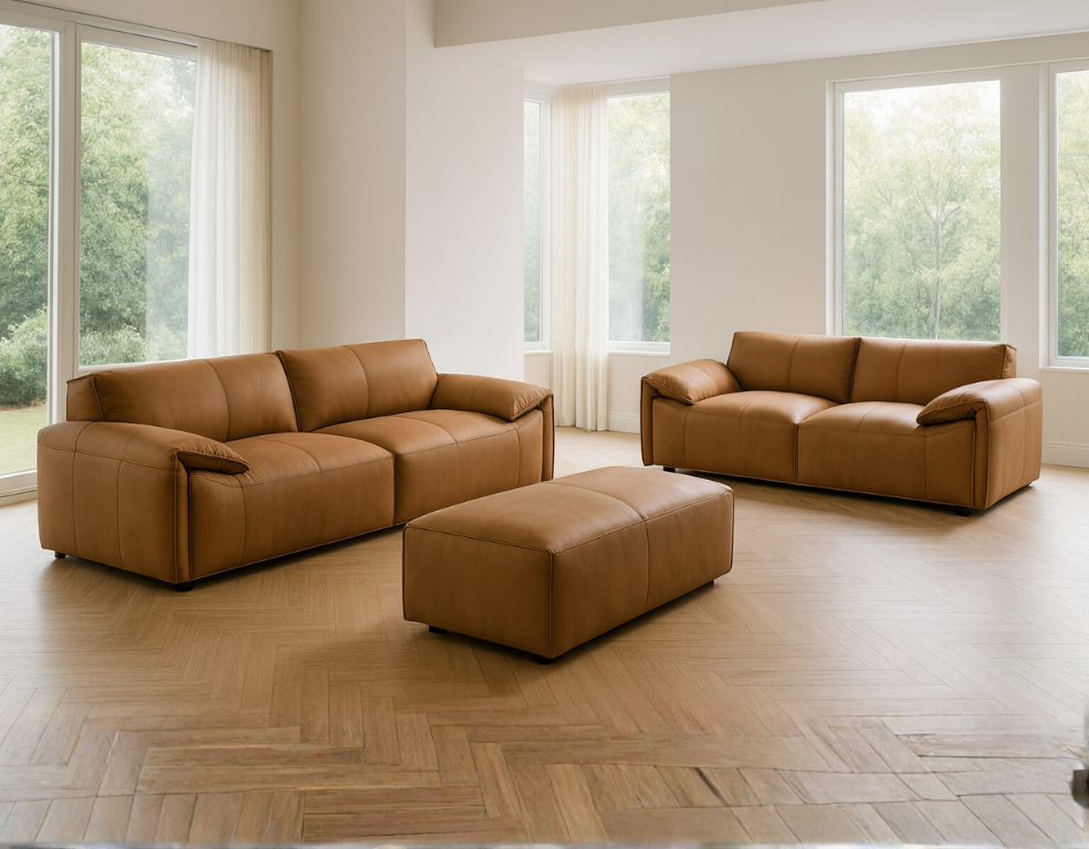 Rome Sofa Pair – 100% Leather with Ottoman & Rolled Arm Design - 