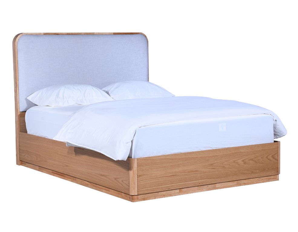 Torino Bed Frame – American Oak with Curved Design & Linen Headboard - 