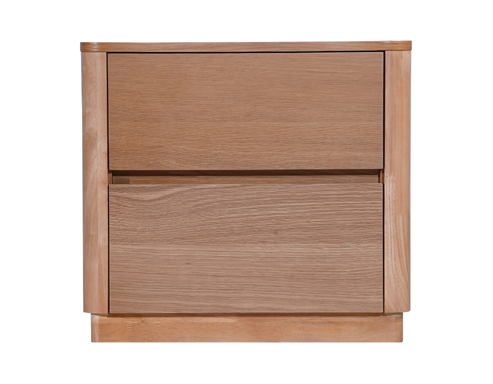 Oak bedside table with two drawers on a white background