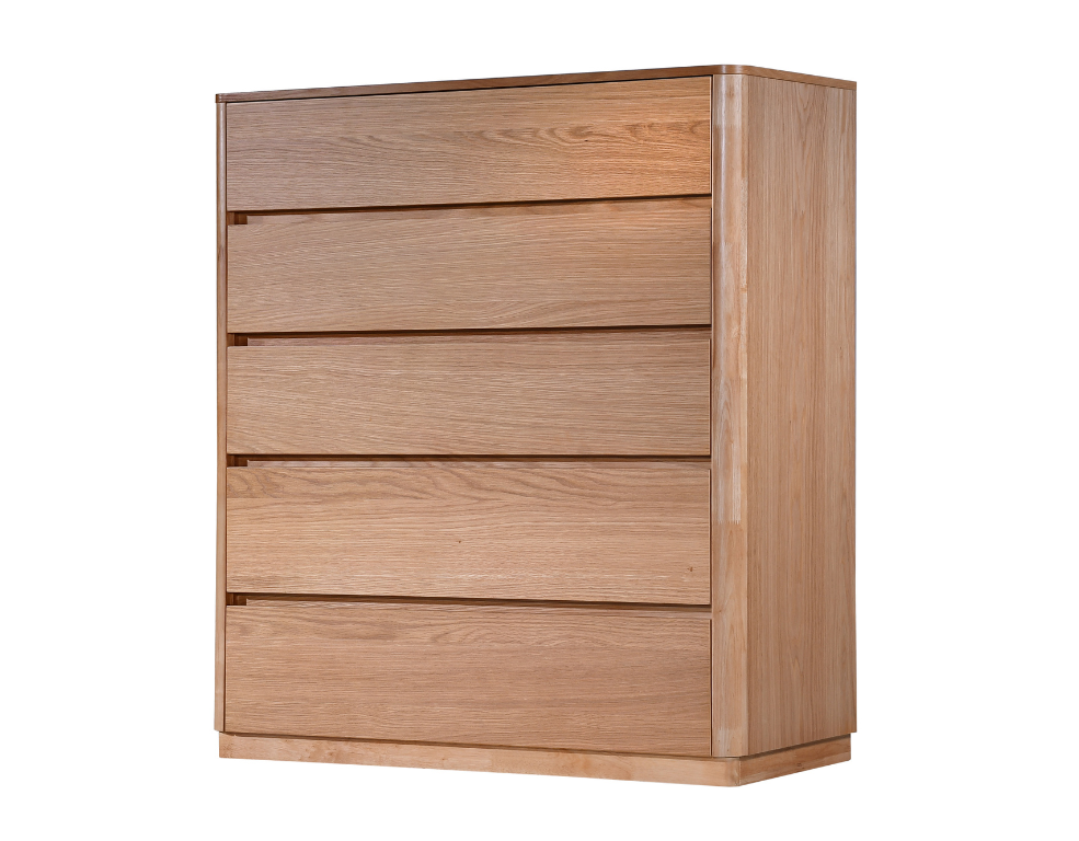Oak tallboy with 5 drawers on a white background on an angle