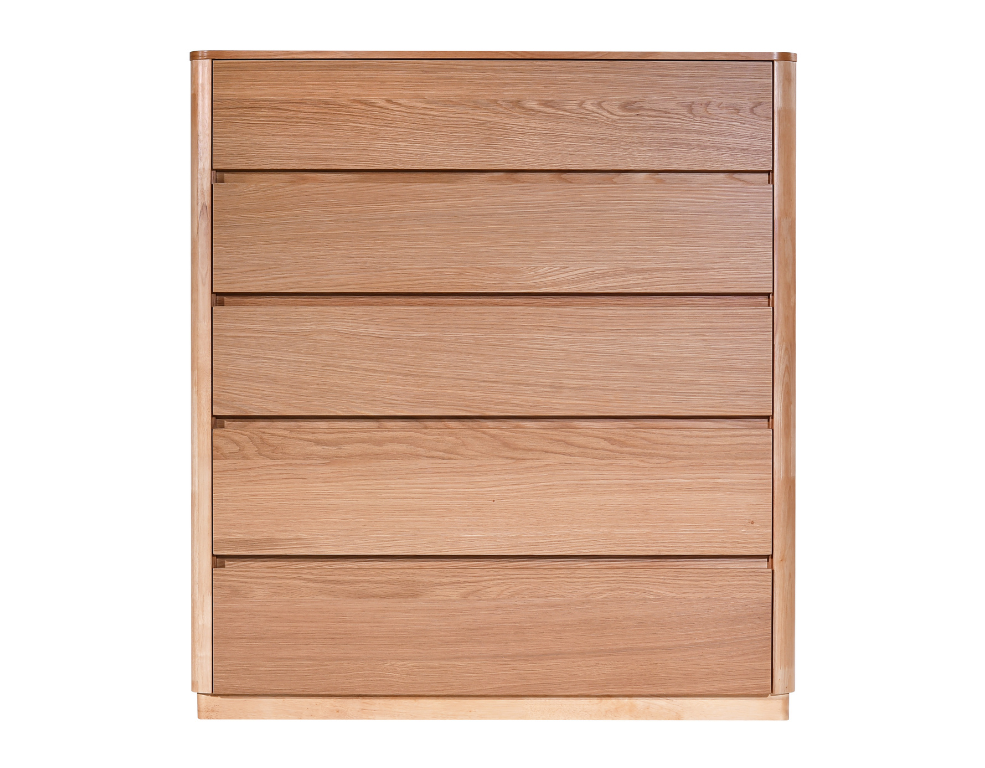 Oak tallboy with 5 drawers on a white background