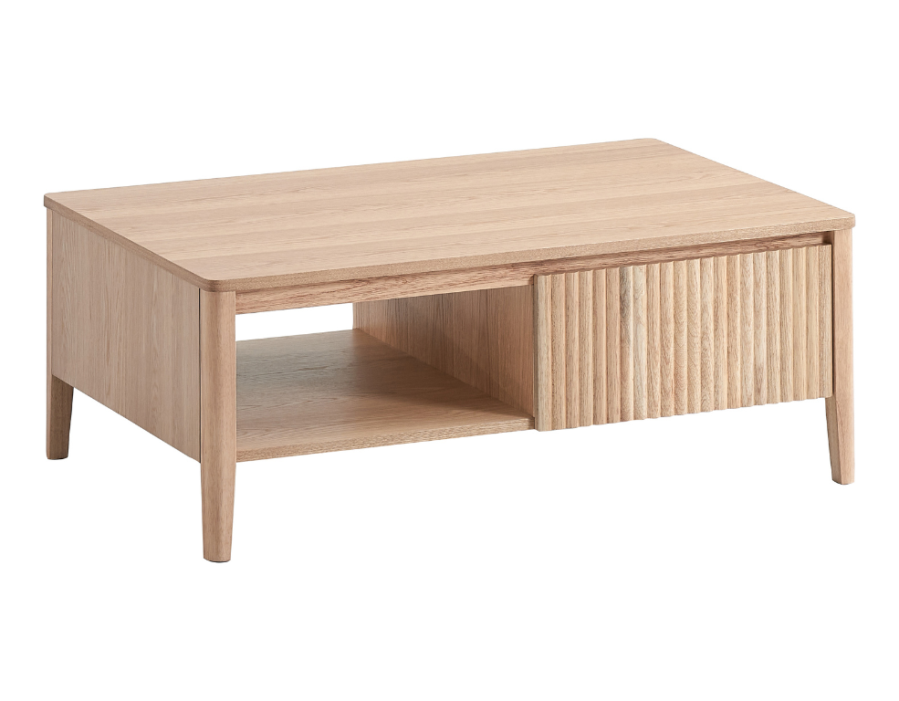 Tyndall Coffee Table – Oak Hardwood Finish with Slatted Drawer Front - 