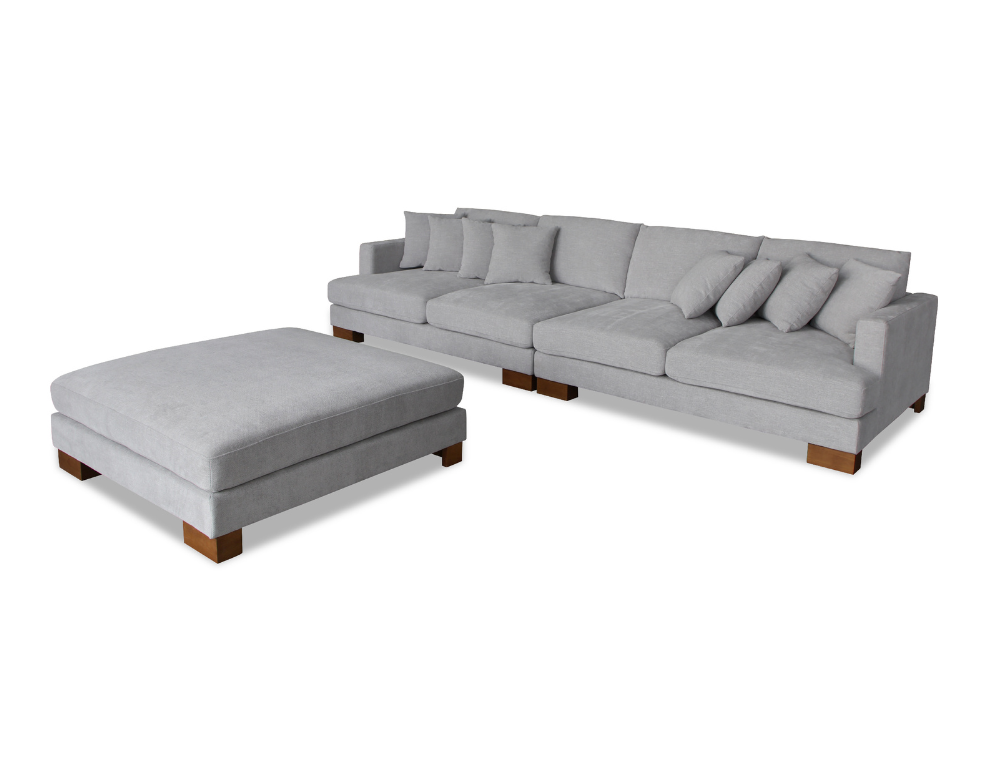 Valencia 4 Seater Sofa with Ottoman – Glamour Fabric & Natural Legs - 