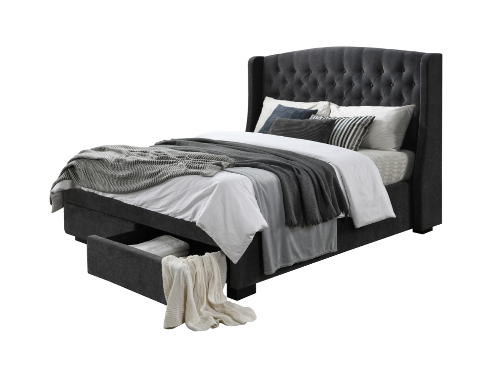 Warner 2 Drawer Bed Frame – Winged Headboard Design & Venice Fabric - 