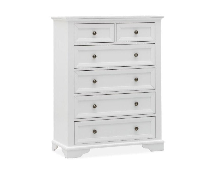 White tallboy with multiple drawers on a white background